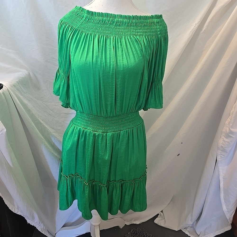 Naked Zebra Off The Shoulder Smocked Mini Dress Green Size L Flowy Boho Peasant
